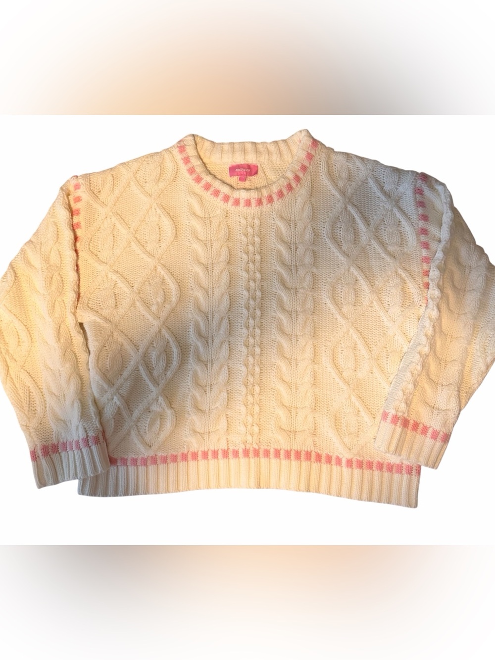 Cream Cable-Knit Crewneck Sweater with Pink Trim